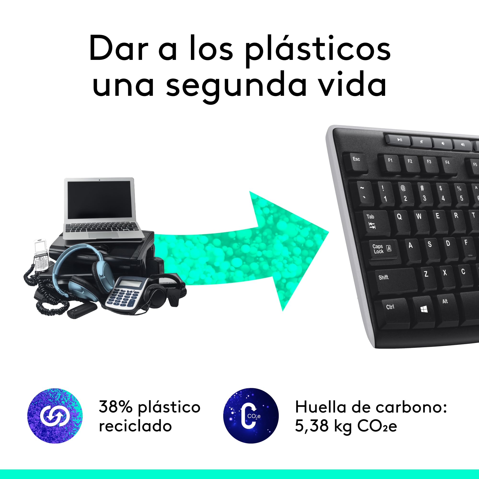 Logitech K270 Teclado Inalámbrico a 2 | Teclado 2,4 GHz para Windows, tamaño completo, 8 teclas multimedia, batería 2 años, QWERTY Español - Negro