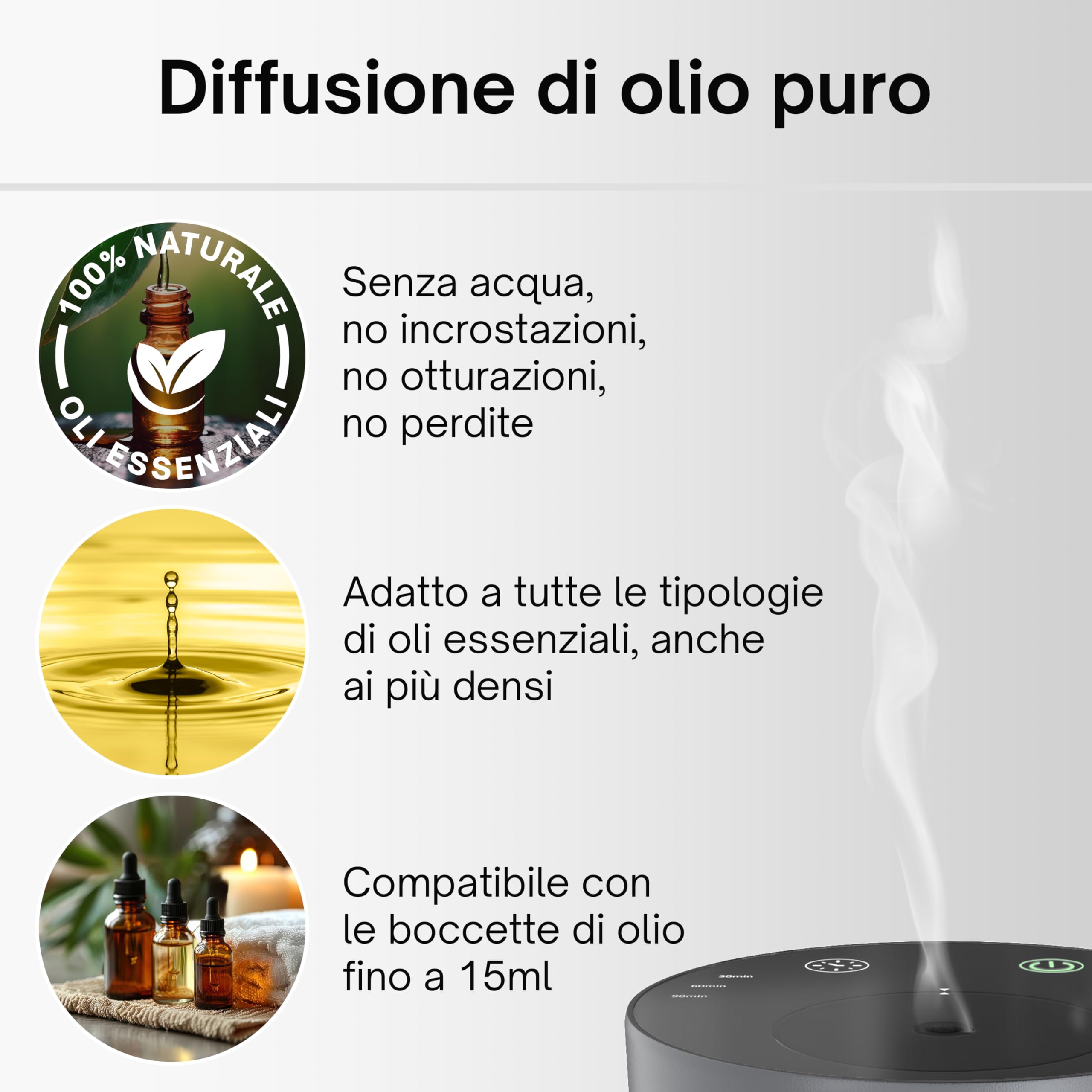 AromaLuxe - Diffusore Oli Essenziali Senza Fili a Batteria Ricaricabile USB-C, Senza Acqua, Ideale per Auto, Robusto in Alluminio, Intensità e Timer regolabile, Grigio
