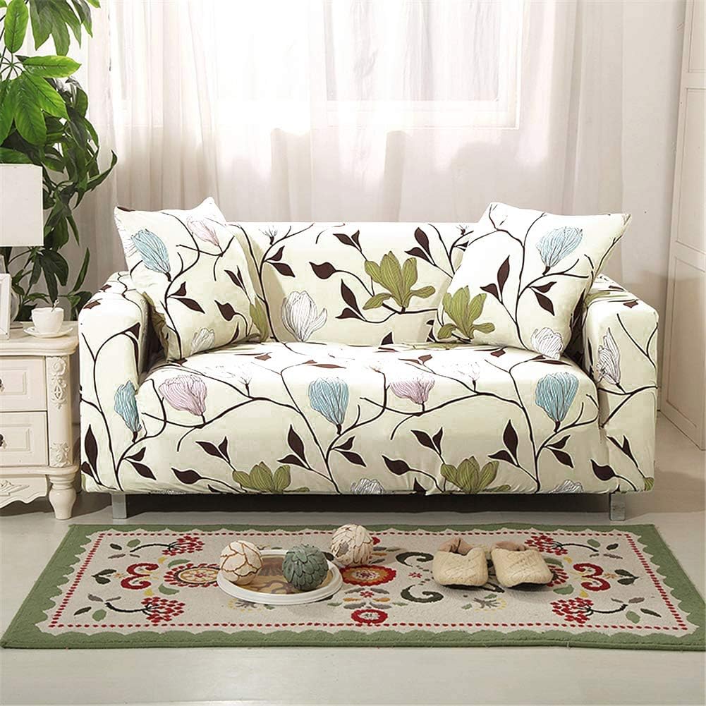 Stretch Sofa Slipcovers Fitted Furniture Protector Printed Sofa Cover Stylish Fabric Couch Cover with 2 Pillowcases for 2 Cushion Couch(Loveseat-2 Seater,Beige Blue)