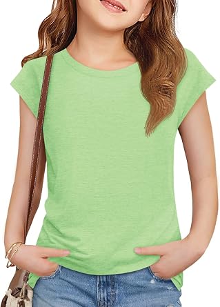 Imily Bela Girls Short Sleeve T Shirts Crew Neck Cap Sleeve Tank Tops Casual Loose Summer Shirt Kids 5-14 Years