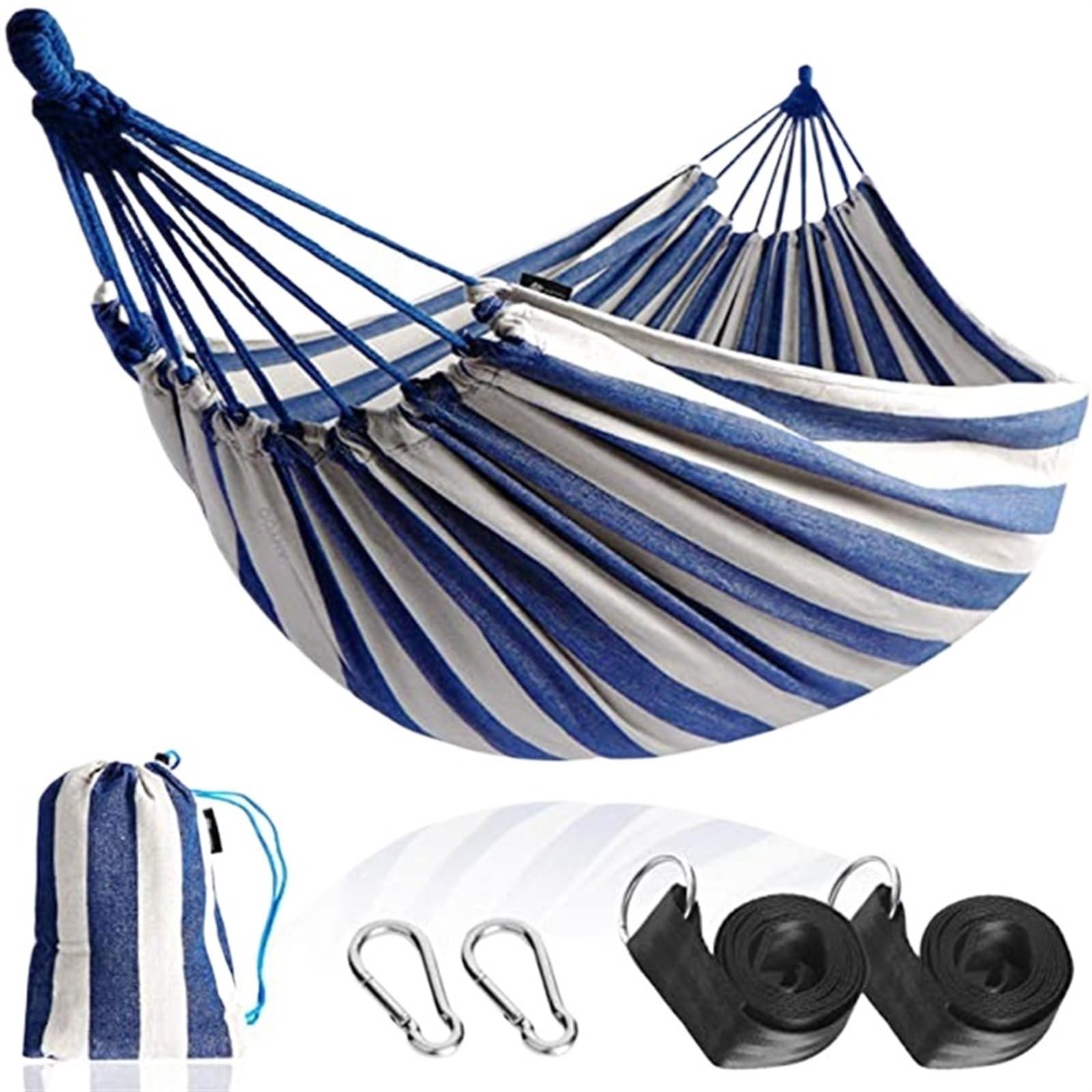 Hamac de Camping Portable et Confortable, lit Double Suspendu for Jardin, Chambre à Coucher, Voyage, Plage, balançoire pour la randonnée, Le Camping(Blue and White)