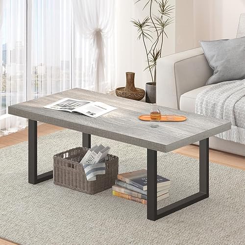 IBF Mesa auxiliar industrial, de madera y metal, mesa central rústica simple y moderna, mesa de cóctel rectangular minimalista de madera para sala