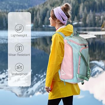 Womens Gym Duffle Bag 40L, Large Sports Backpack with Shoe Compartment & Wet Pocket, Green & Pink