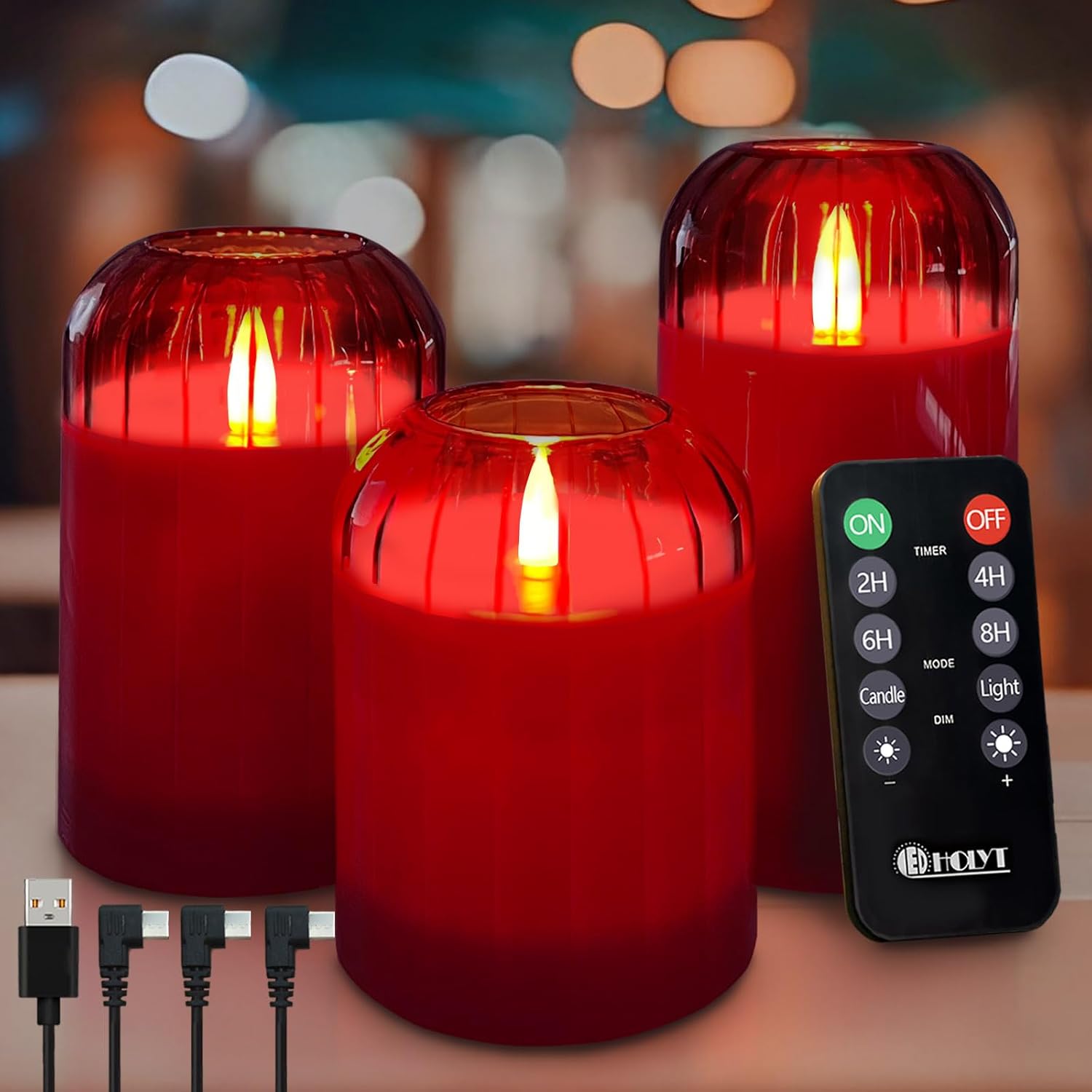Rechargeable Flameless Candle, Flashing LED Pillar Real Wax Candle with Remote Control and Timer, Red Glass Electronic Candles for Room Decoration, 1 Set of 3 Red Pumpkin