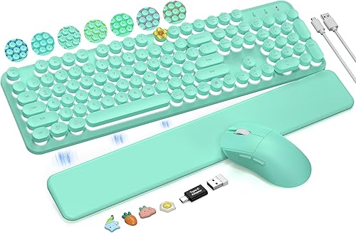 Miniatura 17 de Combo de teclado y mouse inalámbricos, teclas redondas retro, lindo teclado de máquina de escribir de tamaño completo con soporte para teléfono,