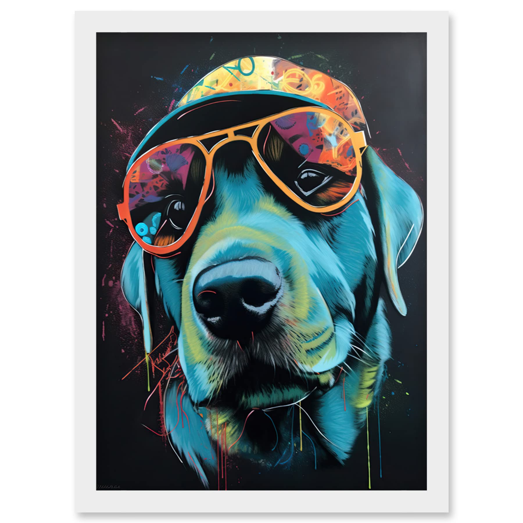 Artery8 Labrador Retriever with Sunglasses and Hat Artwork Framed Wall Art Print A4