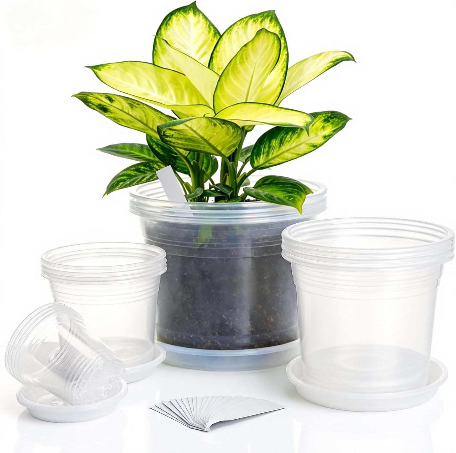 16 Pack 4/6/8/10 Inch Clear Nursery Pots with Saucer, Clear Plant Pots with Drainage Hole & Plant Tags, Transparent Plastic Pots for Plants Flowers Succulents Indoor Outdoor Seedling Starter