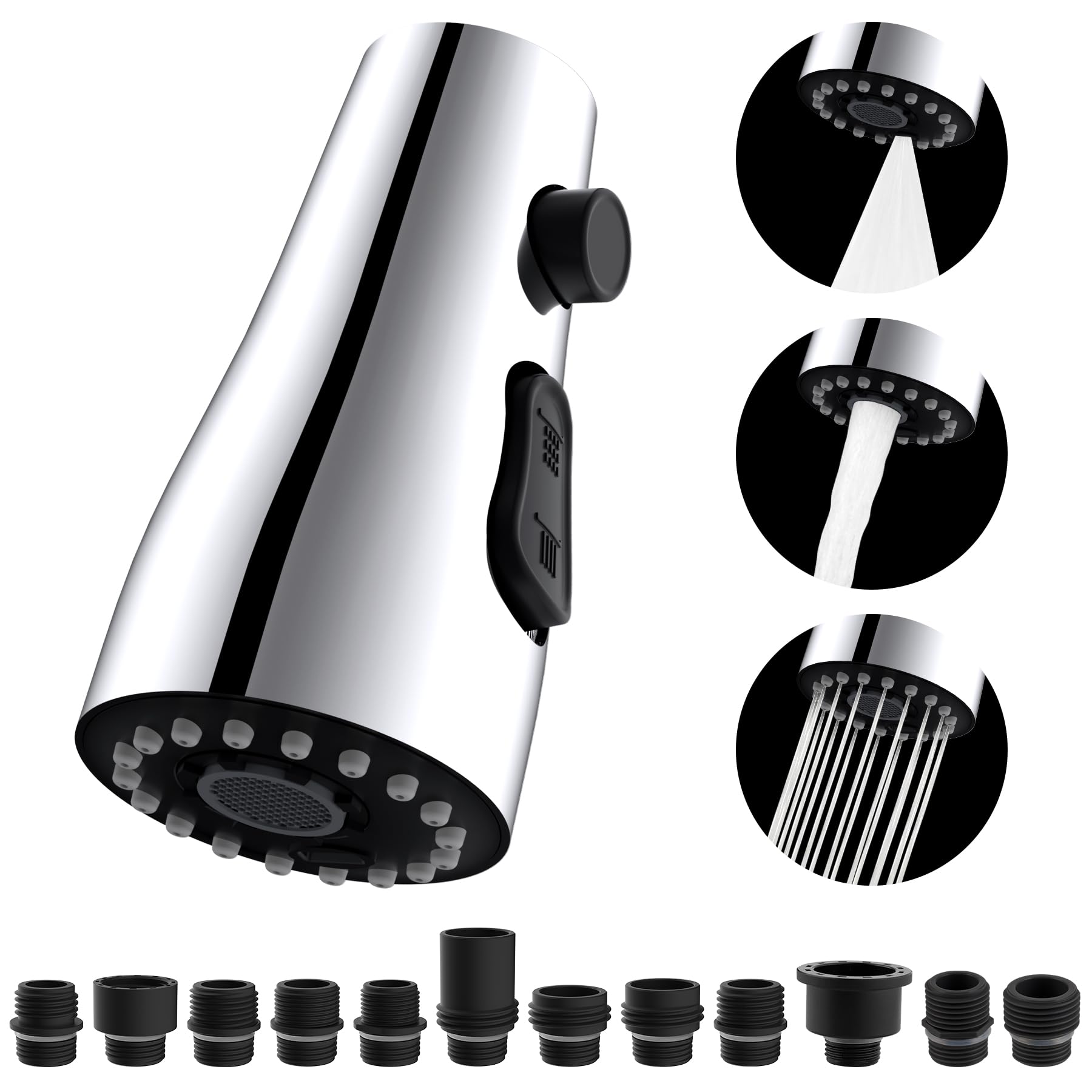 Hibbent Tête de robinet de cuisine de remplacement, Pull Down tête de pulvérisation de cuisine avec 15 adaptateurs, 3-fonctions de cuisine buse de pulvérisation (G1/2)-argent