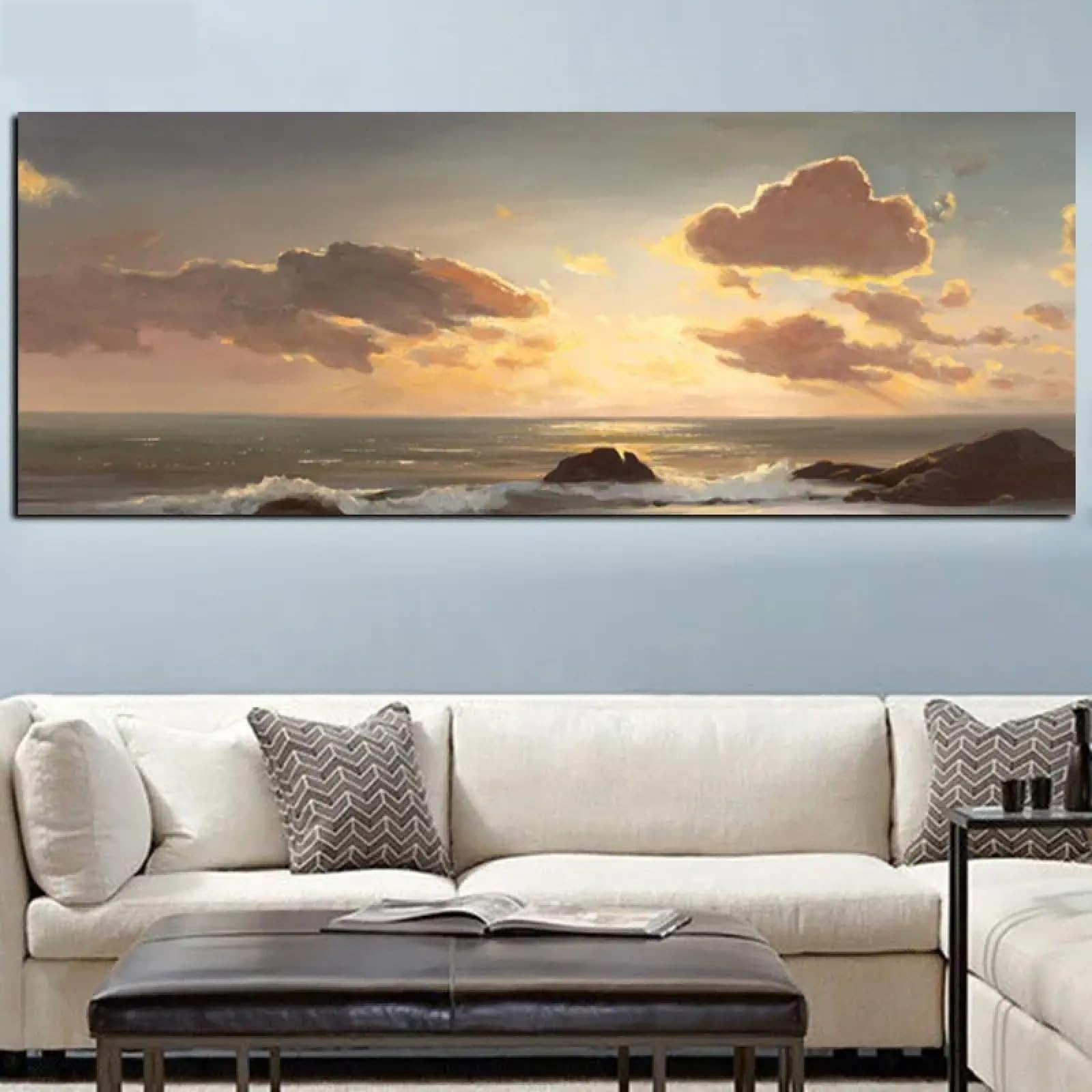 Zhadongli Art Sonnenuntergang auf dem Meer, Ozeanwellen, Landschaft, Leinwanddruck, Wandkunst, Gemälde, Seelandschaft, moderne Wohnzimmerbilder, Wanddekoration, 30 x 60 cm (12 x 24 Zoll) mit Rahmen