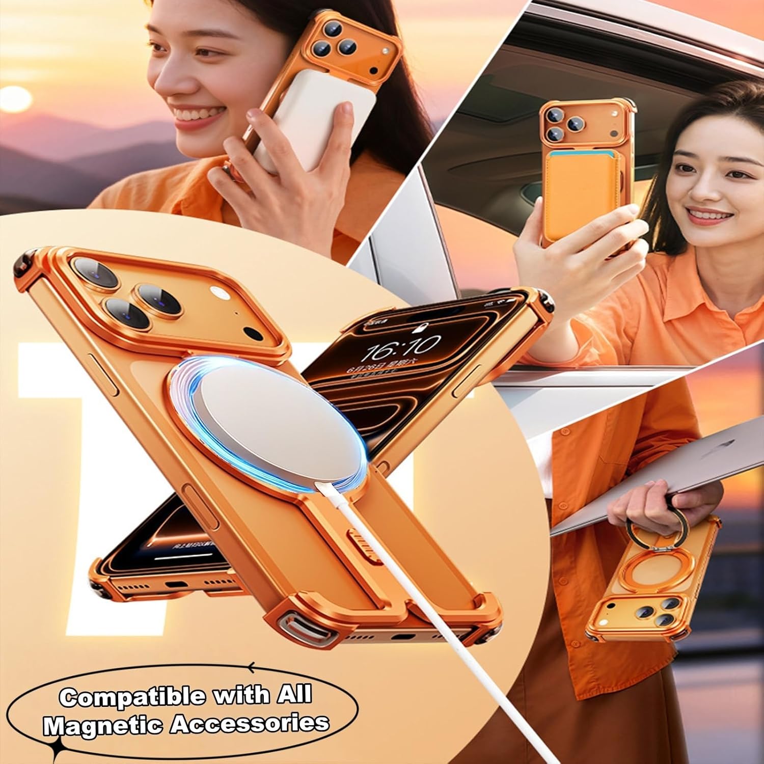 Case for iPhone 17 Pro / 17 Pro Max, Ultra-Thin Metal Skeleton Frame with 360° Rotating Ring Stand, Shockproof Aluminum Alloy Bumper, Heat Dissipation Borderless Design(Titanium,17 Pro)