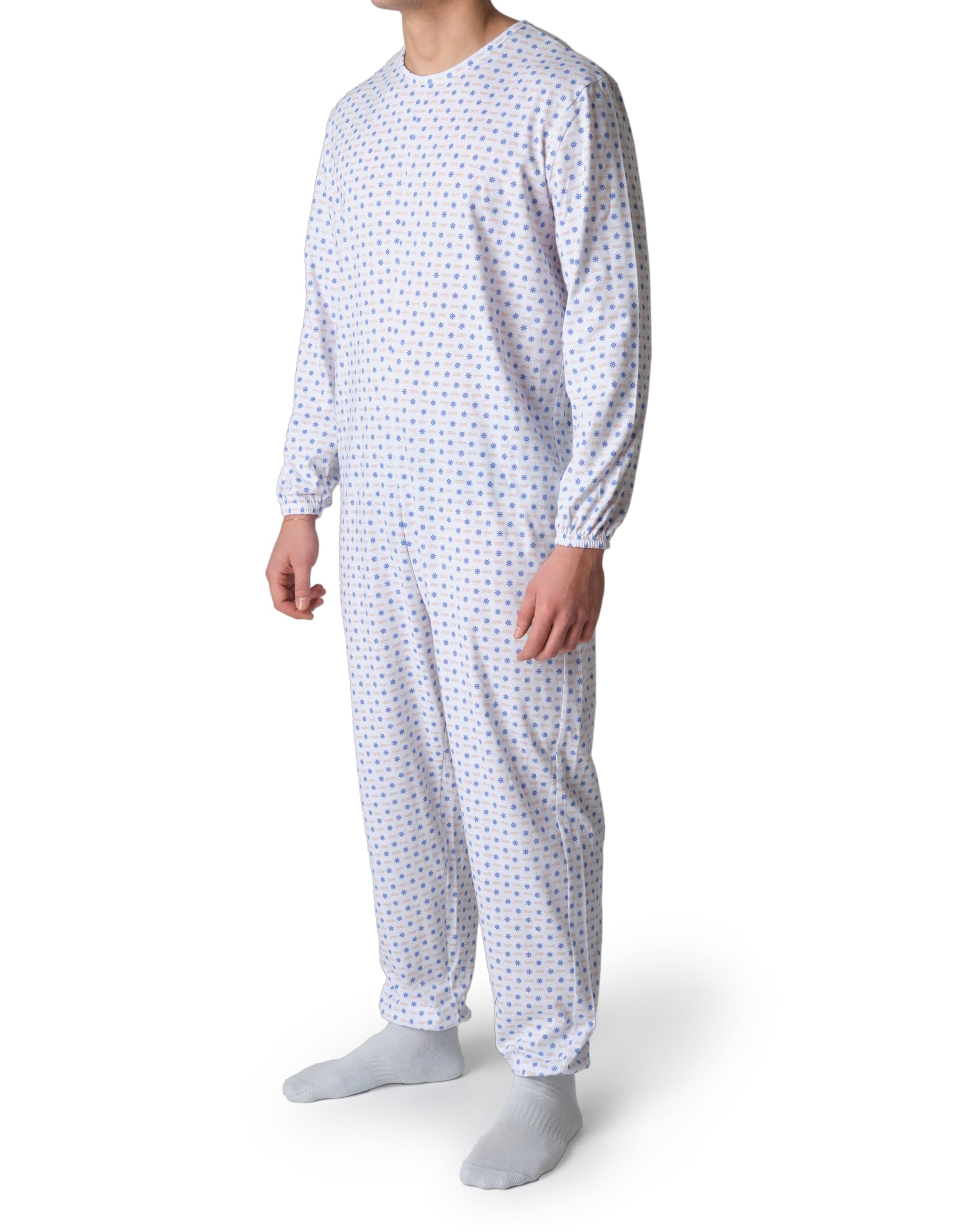 Pyjama sanitaire pour personnes âgées en coton d'été avec fermeture éclair arrière - Tuton pour personnes âgées avec Alzheimer ou Incontinence Made Italy - Gouvernail bleu