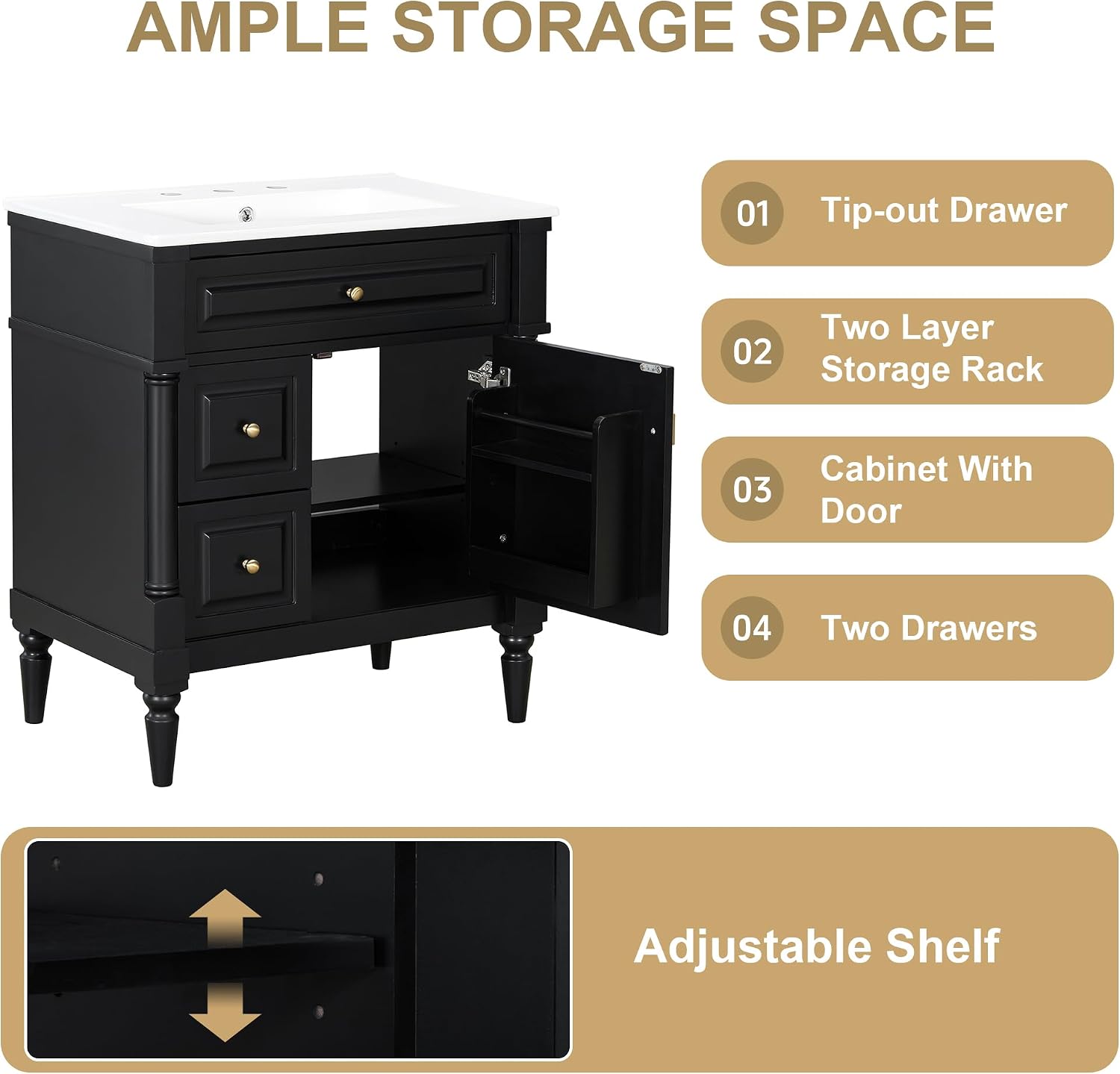 Virubi 30 in Bathroom Vanity with Sink,Tip-Out Drawer, Doors& Storage Rack, Solid Wood & MDF Mid Century Modern Single Bathroom Vanity Sink Cabinet with Drawers & Adjustable Shelf (30",Black)