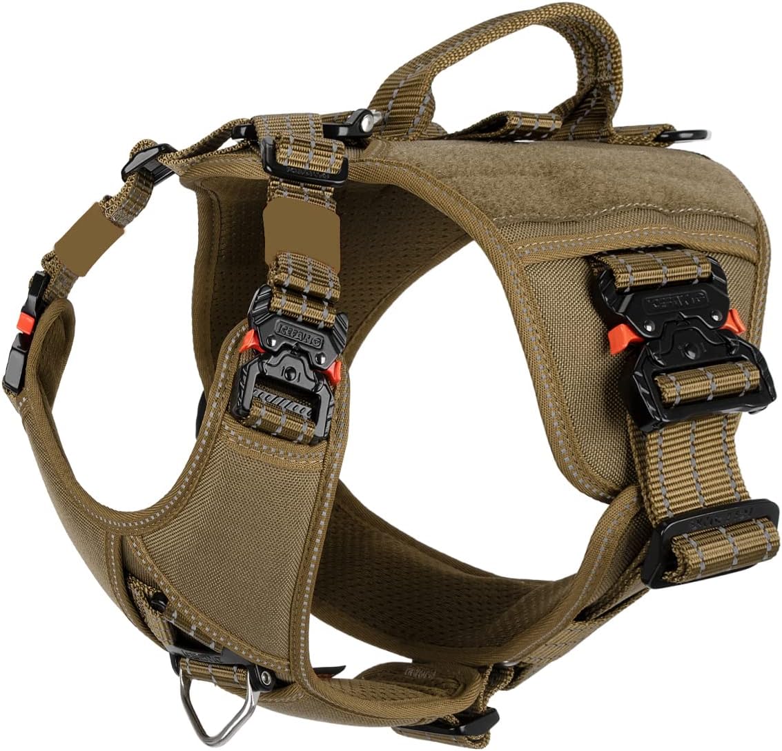 ICEFANG GN8 Tactical Dog Harness with 4X Metal Buckles for X-Large Sized Dogs,Reflective in Training Walking K9 Vest,No-Pull Front Leash Clip,Adjustable Pet Harness (Brown, X-Large (Pack of 1)) X-Large (Pack of 1) Brown