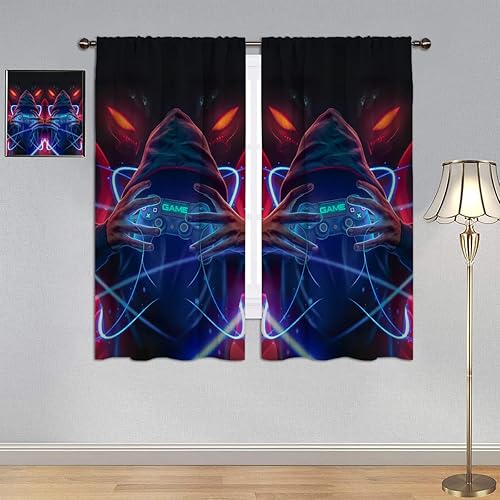 Gamepad Gamer Curtains, Black Out Curtains Video Games Controller Energy Efficiency Curtains Decor Curtains 42x45 Inch