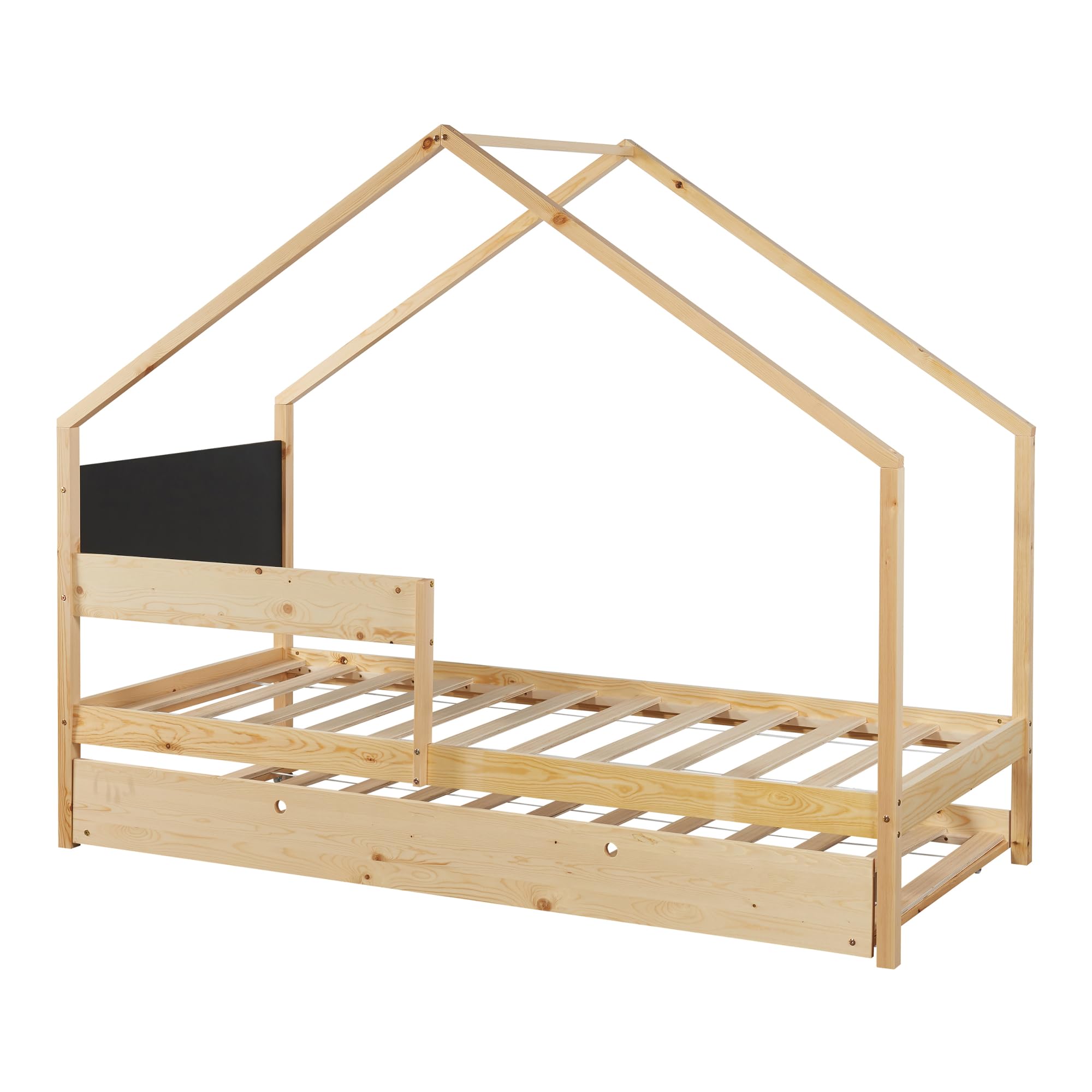 [en.casa] Letto Casetta Doppio Posto per Cameretta Bambini con Secondo Letto Estraibile Posti Letto a 90 x 200 cm Struttura in Legno di Pino Naturale