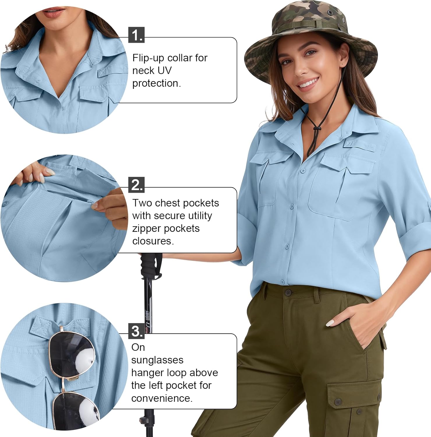 Women's UPF 50 Safari Shirt Long Sleeve, Quick Dry UV Sun Protection Shirt for Fishing, Hiking, Gardening - Image 3