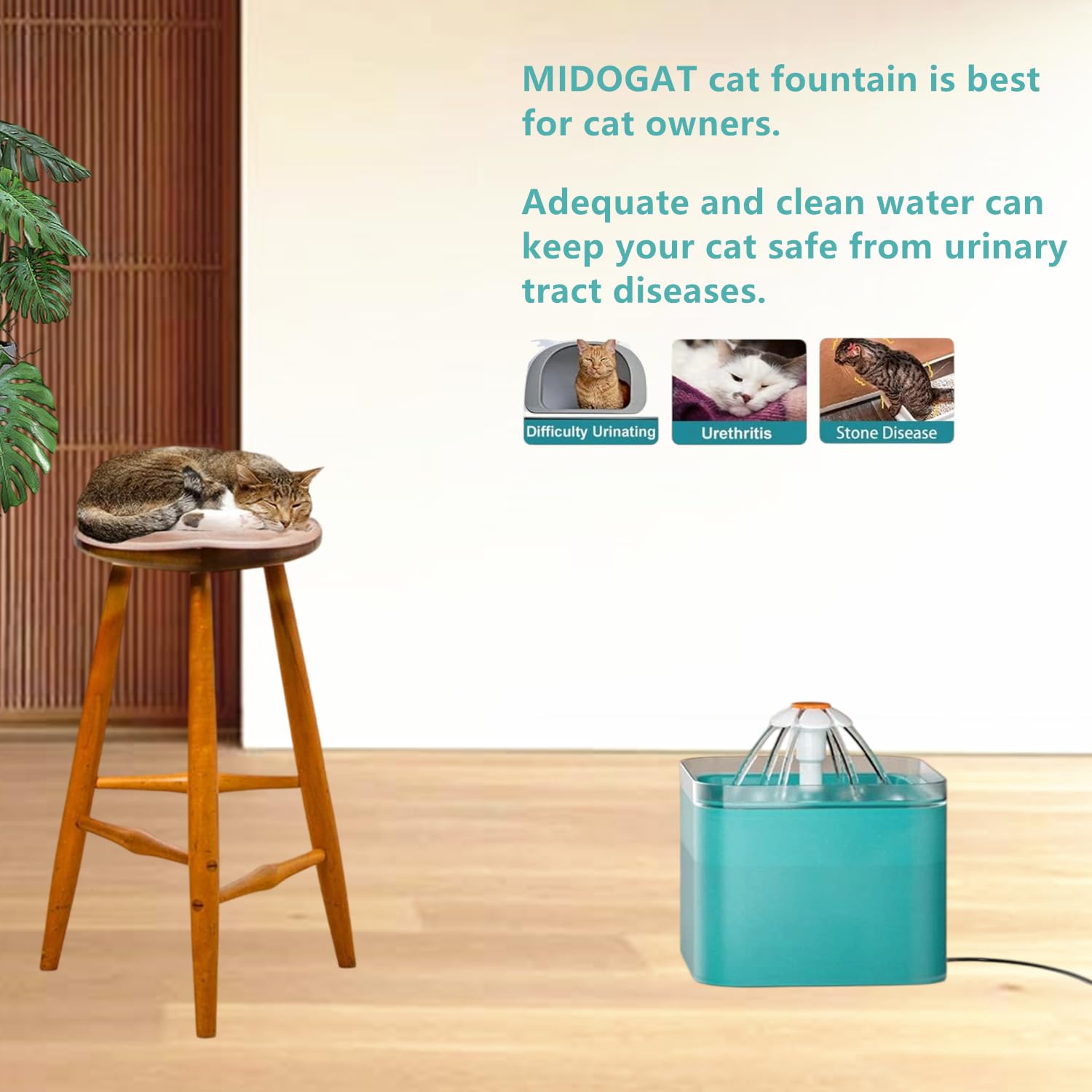 Fuente de agua para gatos, fuente de agua para mascotas con luz LED, gran capacidad de 67 onzas/2.0 L, cuenco de agua para gatos, 3 diseños de flores y silenciosa