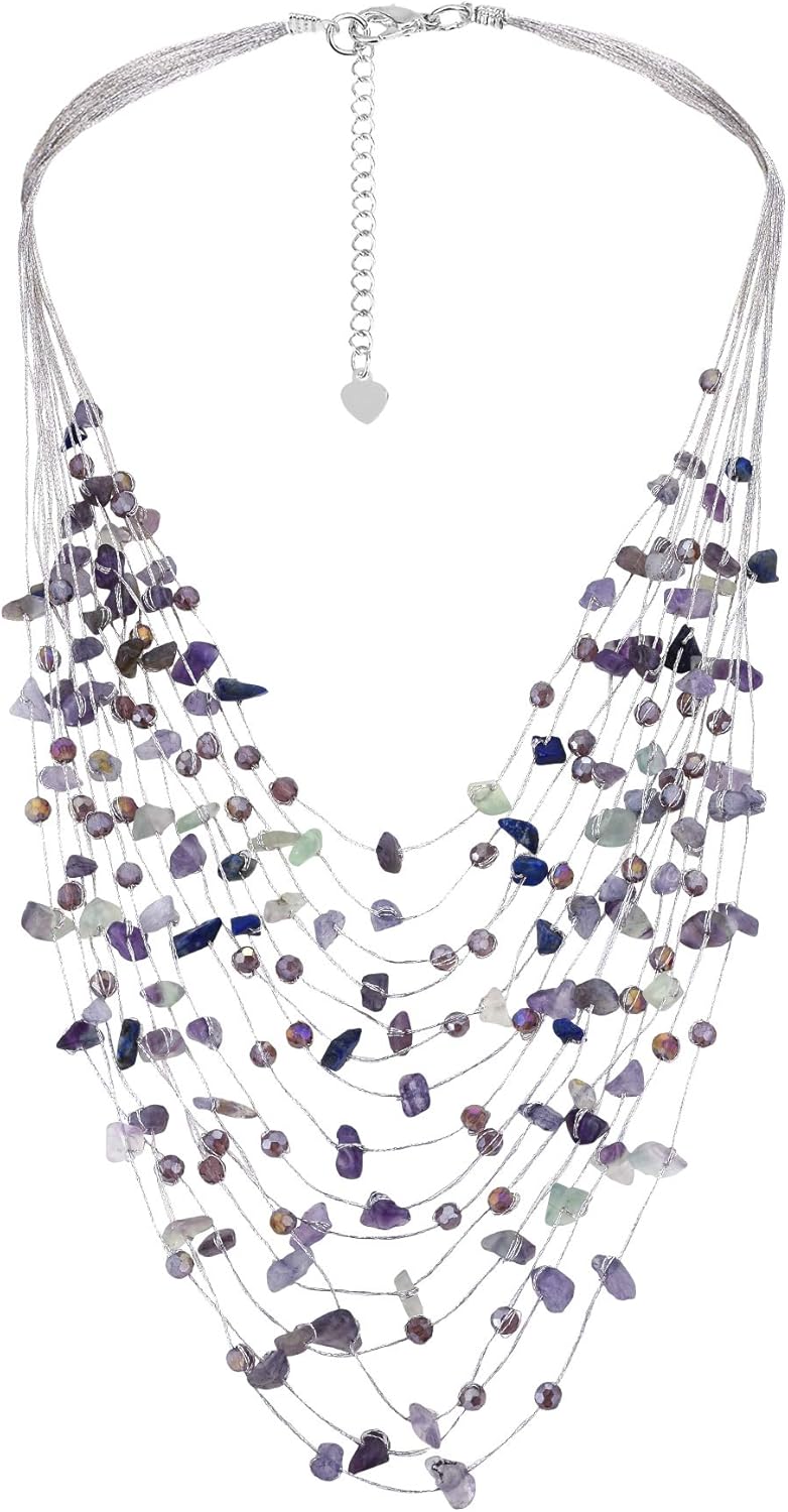 AeraVida Floating Amethyst and Crystals Silk Thread Multi-Layered Statement Necklace | Amethyst Necklace for Women | Silk Thread Statement Necklace for Women | Long Layered necklace Necklace