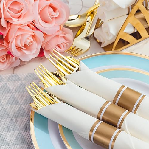 Miniatura 5 de N9R Paquete de 30 cubiertos de plástico dorado preenrollado, juego de cubiertos de plástico envuelto con 30 tenedores, 30 cuchillos, 30 cucharas y