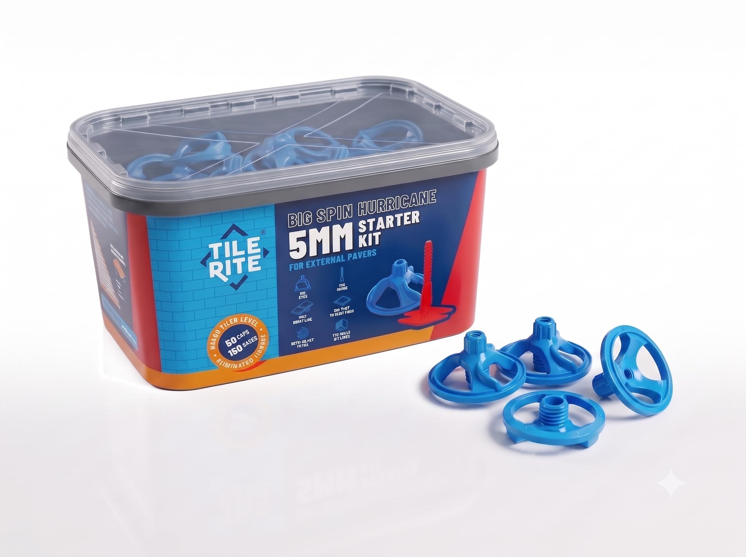 Floor Nation Big Spin Hurricane Tiling Caps - (Blue) Pack of 50 | Reusable Anti-Lippage Screw Caps for Large Format Porcelain, Marble, Natural Stone & External Patio Pavers