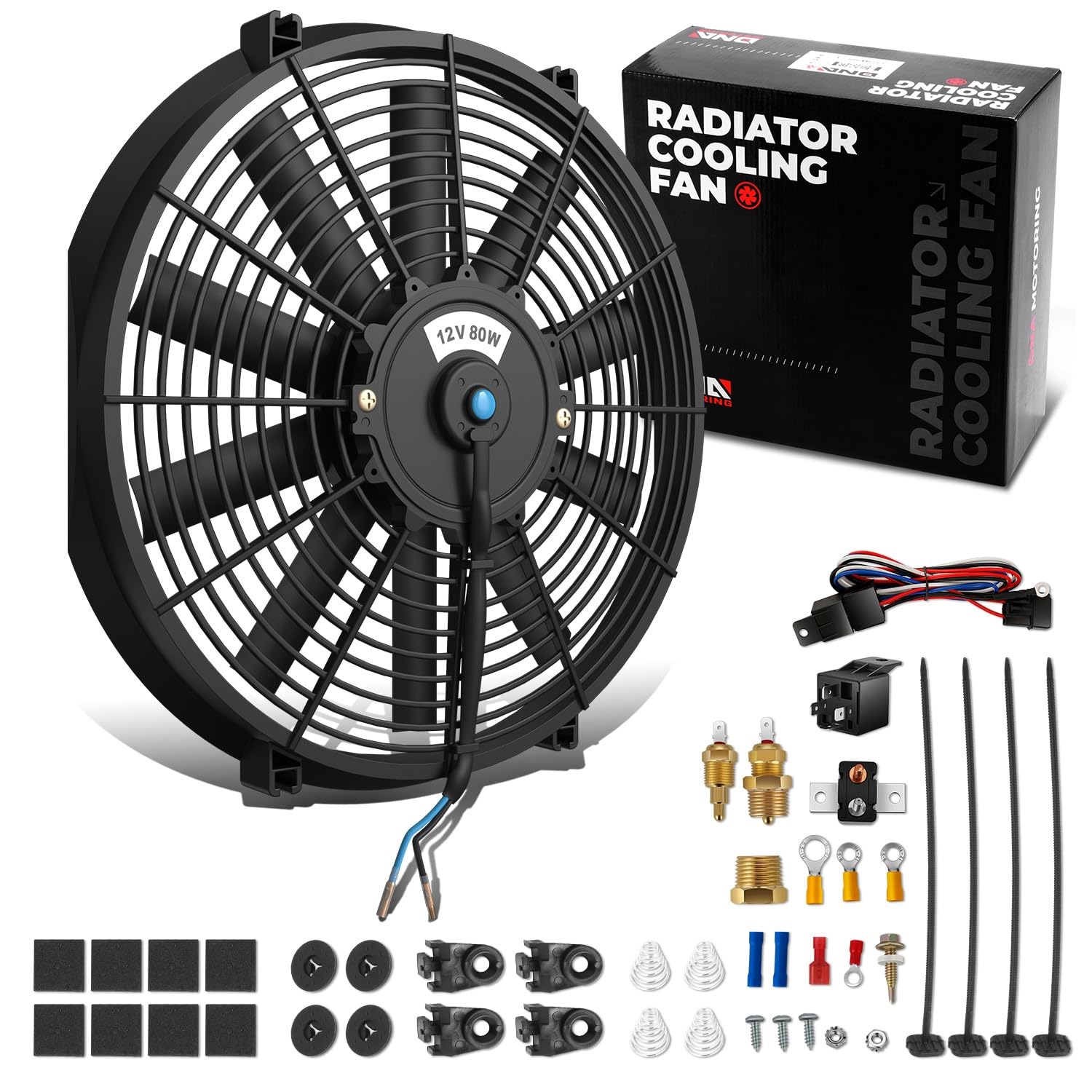 DNA Motoring 16Inch Electric Radiator Cooling Fan Thermostat Wiring Switch Relay Kit, Universal High Performance Slim Fan Push Pull Electric Radiator with Mount Kit, RAF-16+SW-KIT