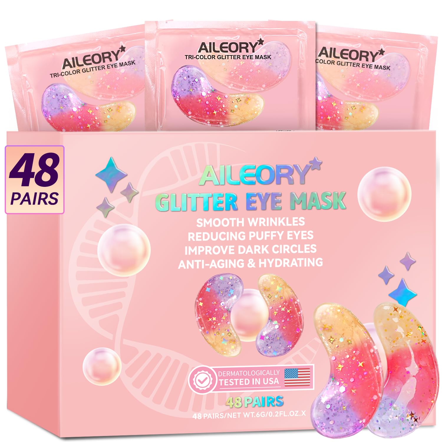 AILEORY Under Eye Patches (48 Pairs) - Tri-color Glitter Eye Gel Pads for Dark Circles, Puffy Eyes, Under eye Bags, Wrinkles | Natural Collagen Under
