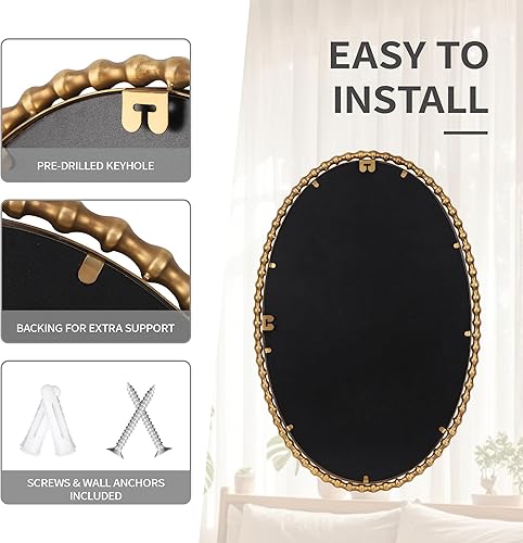 Miniatura 5 de 24x36 Inch Oval Wall Mirror with Antique Gold Beaded Frame, Vertical or Horizontal Hanging Vanity Mirror for Bathroom, Powder Room or Bedroom,