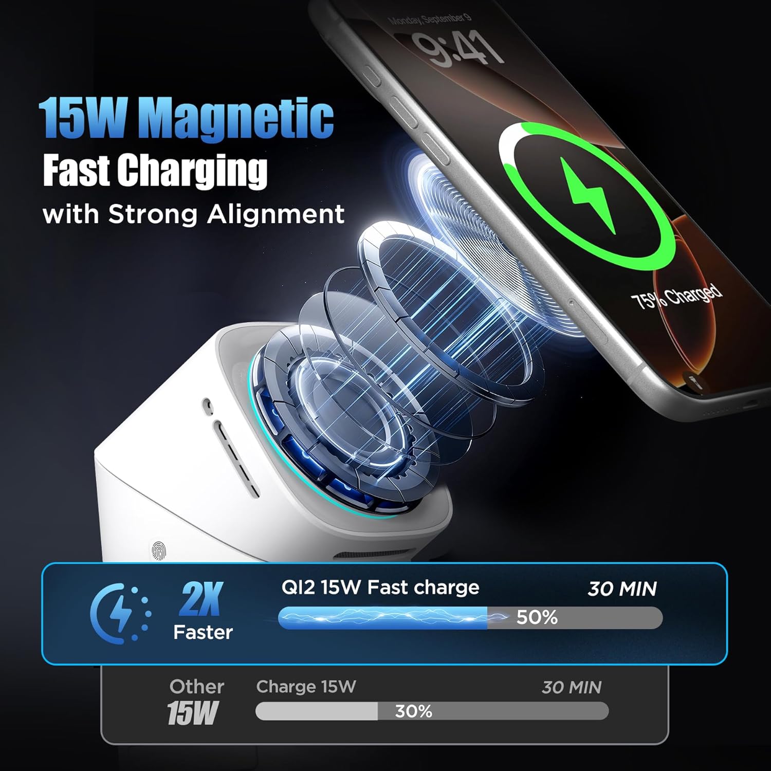 3 in 1 Wireless Charging Station for iPhone 17/16/15/14/13/12 Pro Max, Qi 2 Certified 15W Fast Charging Magnetic Charger Stand for Magsafe Phone, AirPods, Smart Watch (Black)