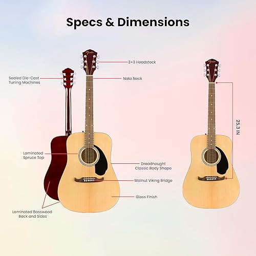 Miniatura 8 de Fender Guitarra acústica FA-125 Dreadnought - Paquete natural con estuche, afinador, correa, cuerdas, púas y DVD instructivo de Austin Bazaar