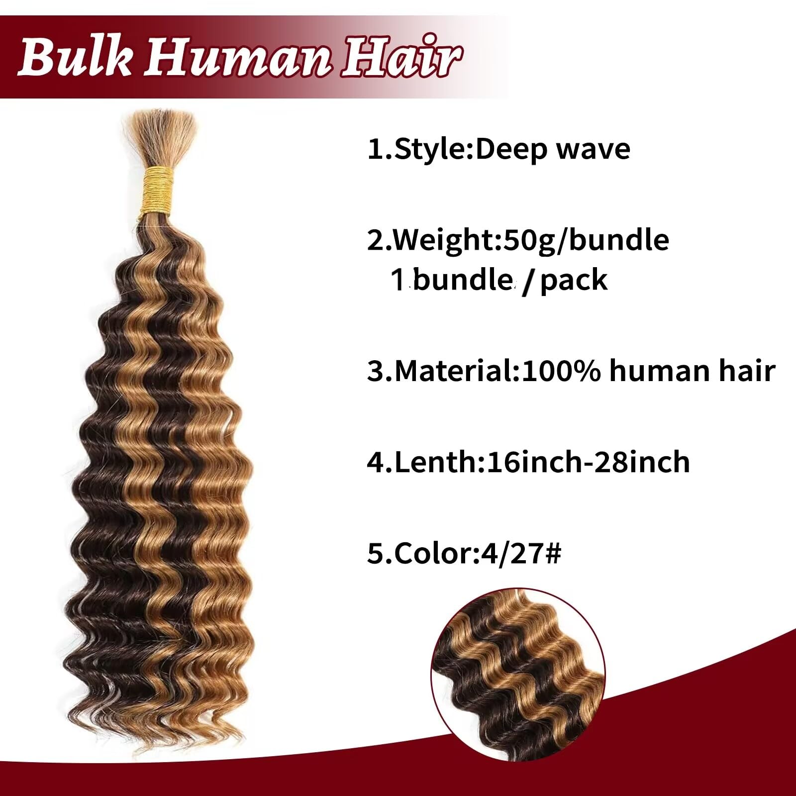 Datanala Ombre Human Braiding Hair 18Inch Deep Wave Bulk Human Hair for Braiding 1Bundle/50g Brazilian 100% Unprocessed Virgin Wet and Wavy Human Hair Extensions for Boho Braids (4/27# - Image 2