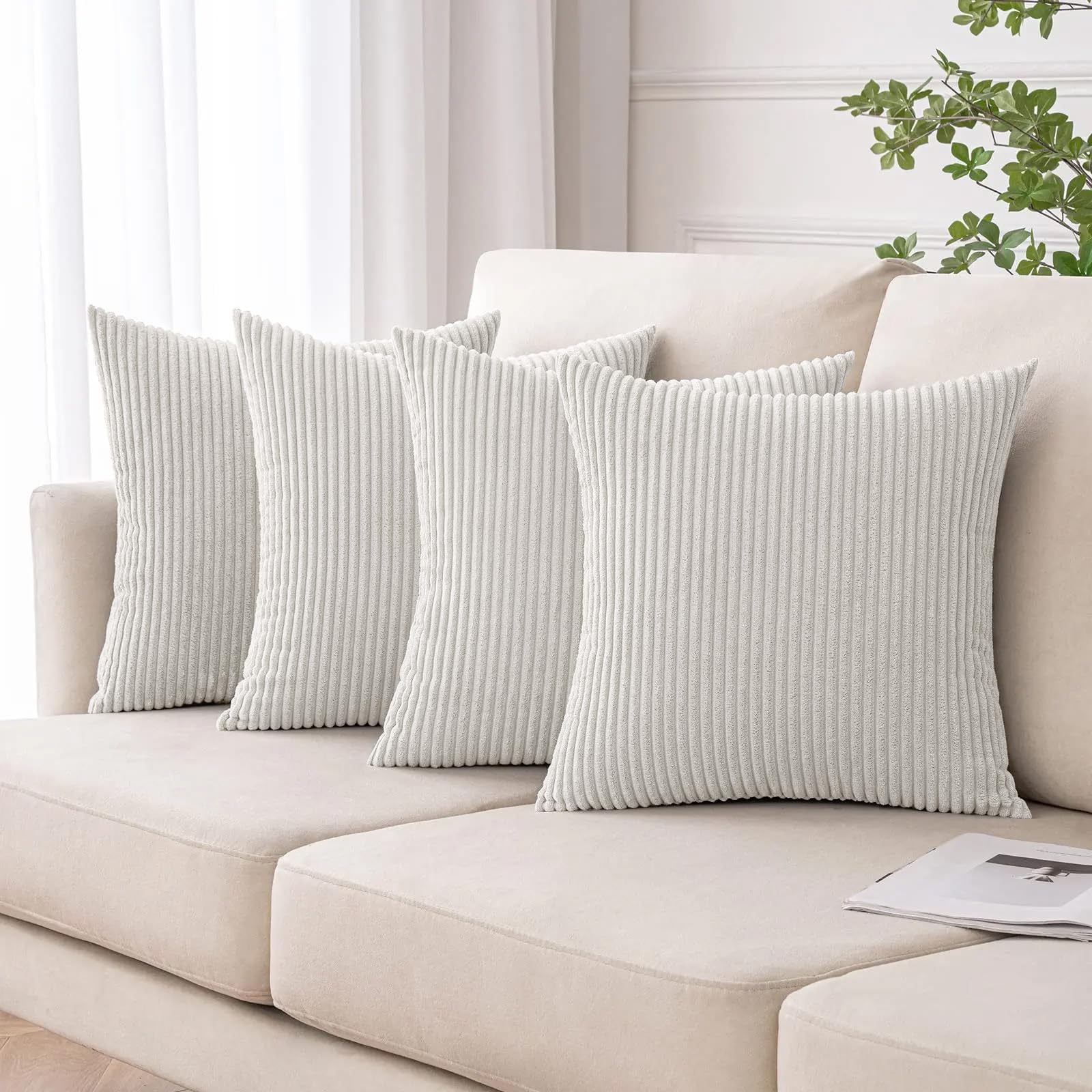 Moonlight Bedding White Corduroy Cushions With Covers Included Pack Of 4 (4 Covers, 4 Inserts) 45 X 45 Cm Decorative Stripe Throw Pillow Cases With Invisible Zipper For Living Room Bed Sofa