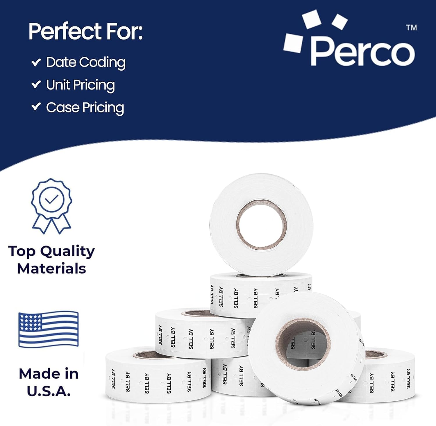 Perco 1 Line Sell by Labels - 32,000 "SELL BY" Labels for Perco Lite, X, Plus and Pro 1 Line Date Guns - 32 rolls, 4 Sleeves - Made in USA