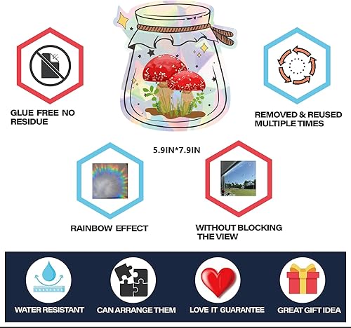 Miniatura 5 de AHANDMAKER 4 adhesivos láser para ventana, adhesivos estáticos, patrón de frascos de hongos, calcomanías electrostáticas para ventana, calcomanías