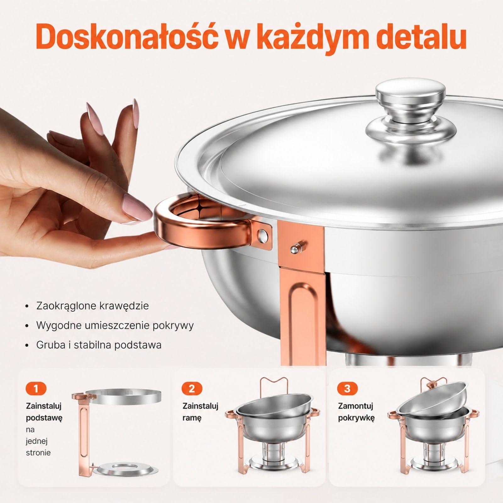 Zestaw naczyń do podgrzewania, 4 szt, 4,7 l, okrągła stal nierdzewna, różowe złoto, do bufetu i cateringu