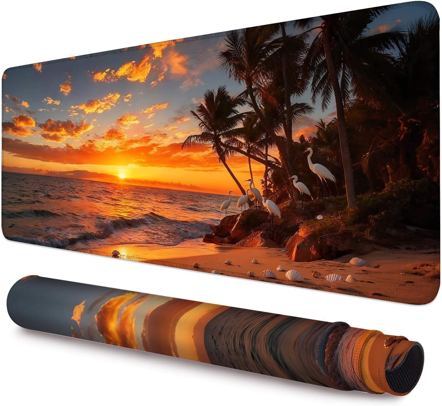 Tropical Beach Sunset Extended Gaming Mouse Pad,35.4 x 15.7 Inch Large Desk Mat with Stitched Edges,Spring Water-Resistant Mousepad with Non-Slip Rubber Base for Gaming,Office,Study