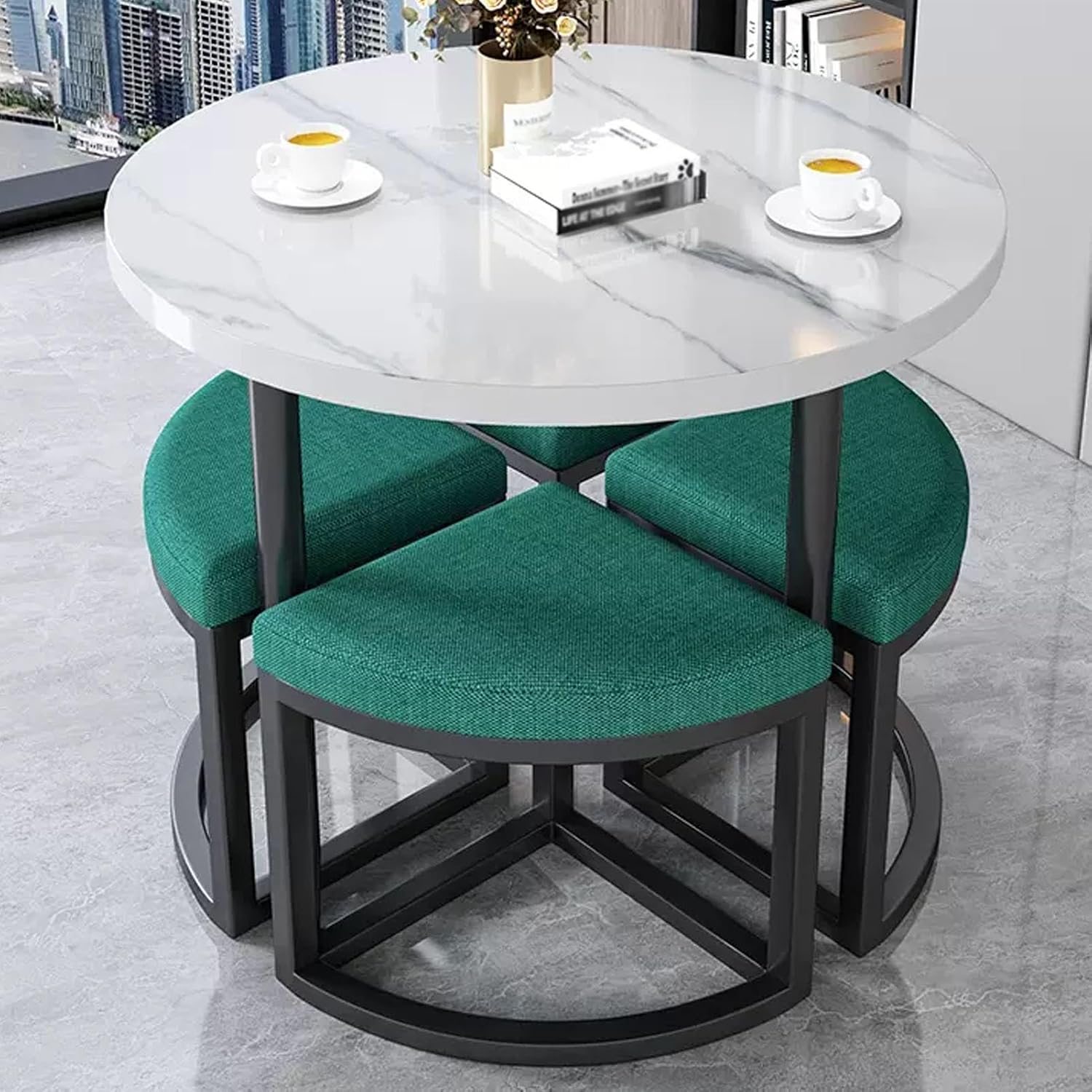 Negotiation Table and Chair Set, Office Reception Room Club Table for 4, 31.5inch Office Reception Round Table, Meeting Table 5-Piece, for Lounge, Living Room(Blue)
