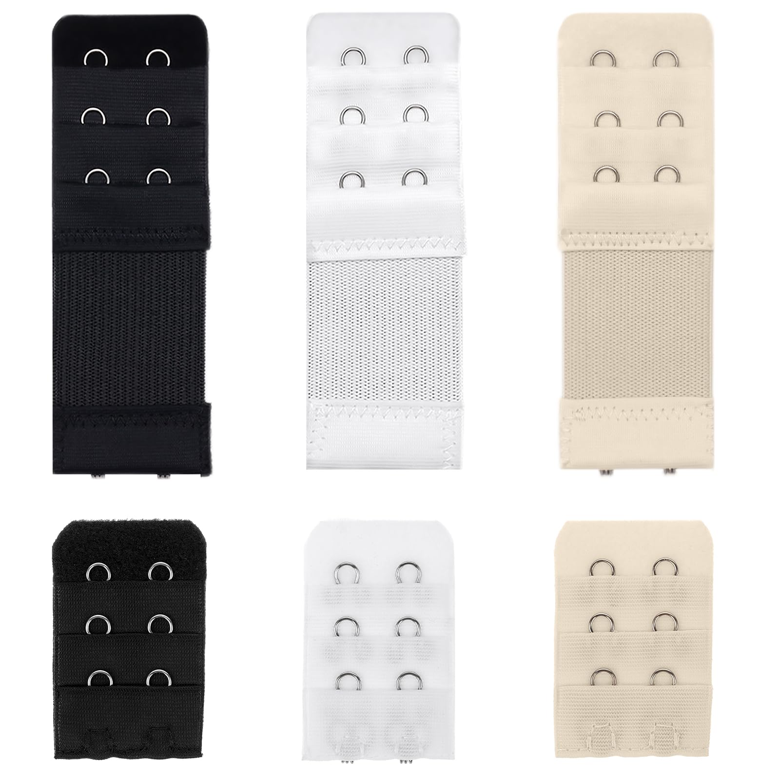 Mozeat Lens Bra Extenders, 6 Pcs 2 Hook Elastic Adjustable Bra Strap Extender, Soft Stretchy Bra Extension Strap 3 Rows for Women, 3 Colors (Black, White, Nude)
