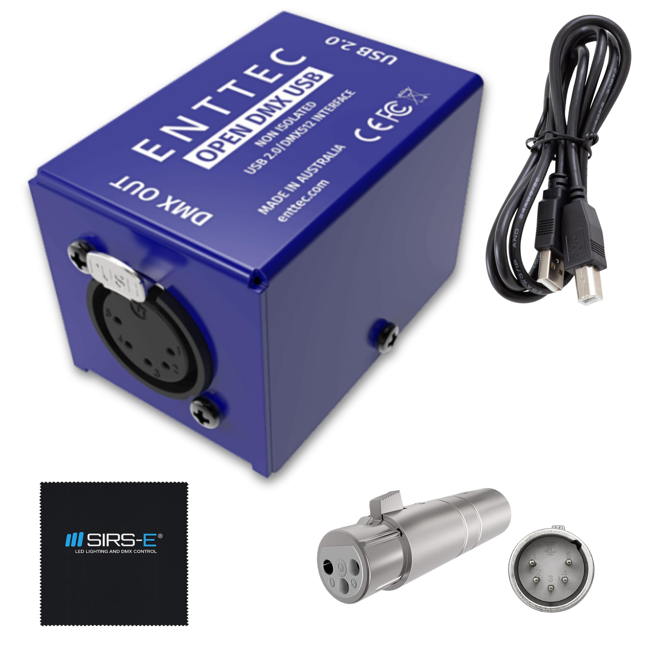 Enttec Open DMX USB 70303 - Controller widget per interfaccia di illuminazione (open source/hardware), con adattatore SIRS-E da 5 pin a XLR a 3 pin, con panno SIRS-E per la pulizia