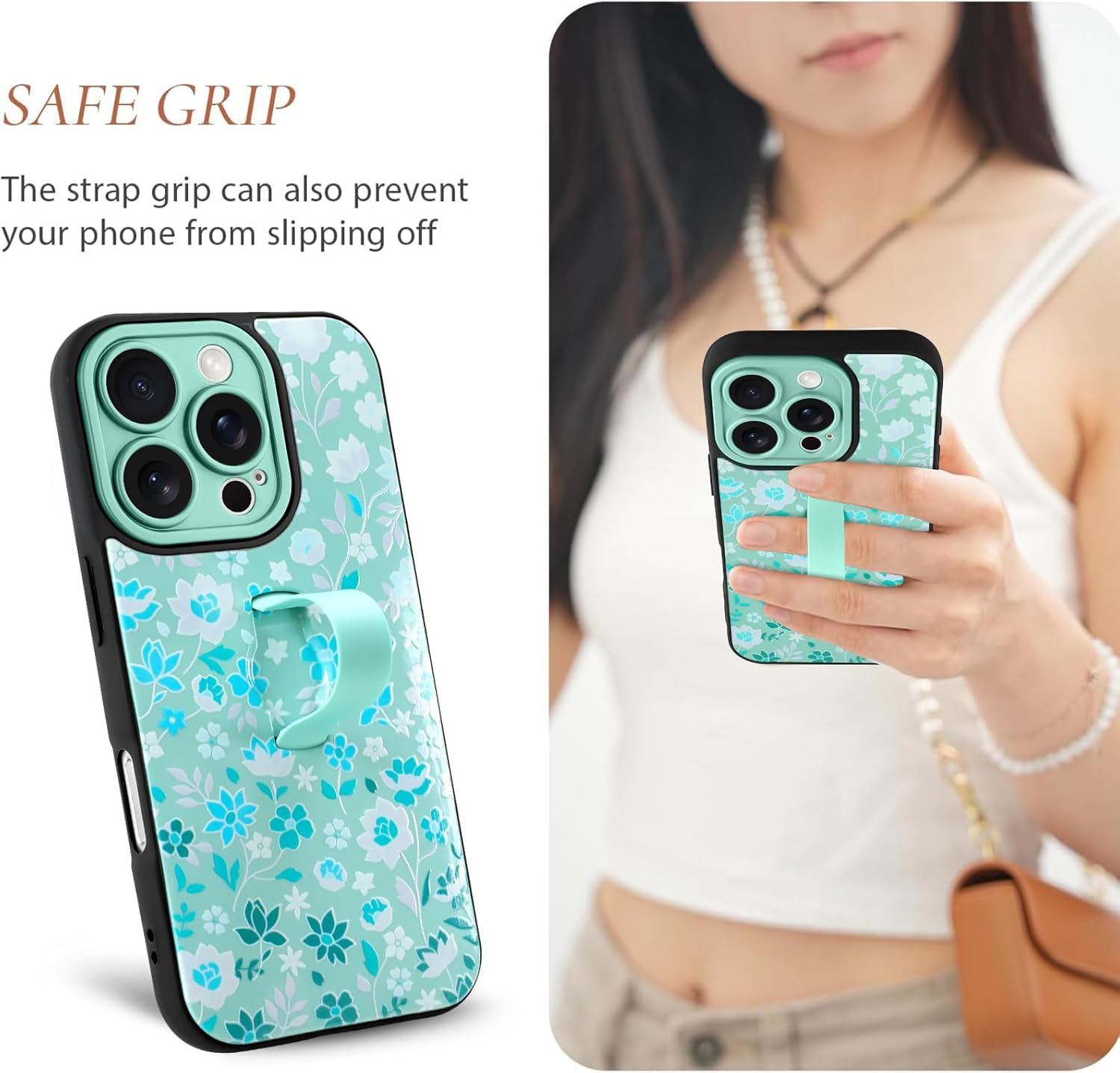 Compatible with iPhone 16 Pro Case with Finger Hand Strap Kickstand, Cute Flowers Floral Phone Case for Girls Women Men, Full Camera Protection Shockproof Protective Cover, Green Flowers - Image 3