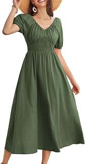 GRACE KARIN 2025 Damen-Sommerkleid, V-Ausschnitt, gesmokte Baumwolle, kurze Puffärmel, fließendes A-Linien-Maxikleid mit Taschen