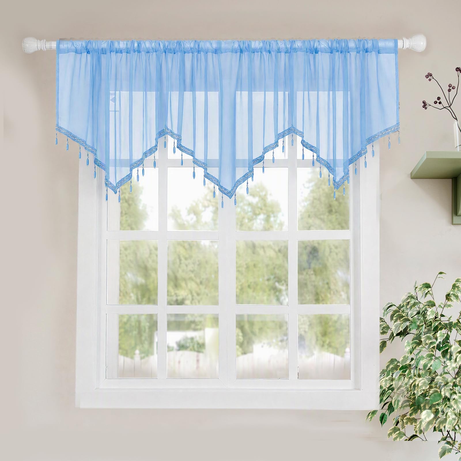 Molaxhome Blue Swag Curtain Scalloped Curtain Valance Drape Sheer Lace Panel 1Pc