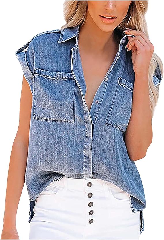 VCAOKF Denim Shirt Short Sleeve Plain Sleeveless Denim Shirt with