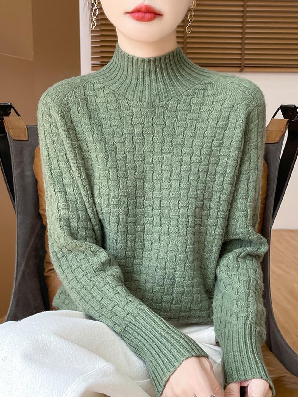 100% Merino Wool Sweaters for Women's Fall Winter Knitted Thick Pullover Long Sleeves Loose Warm Turtleneck(WQ703)