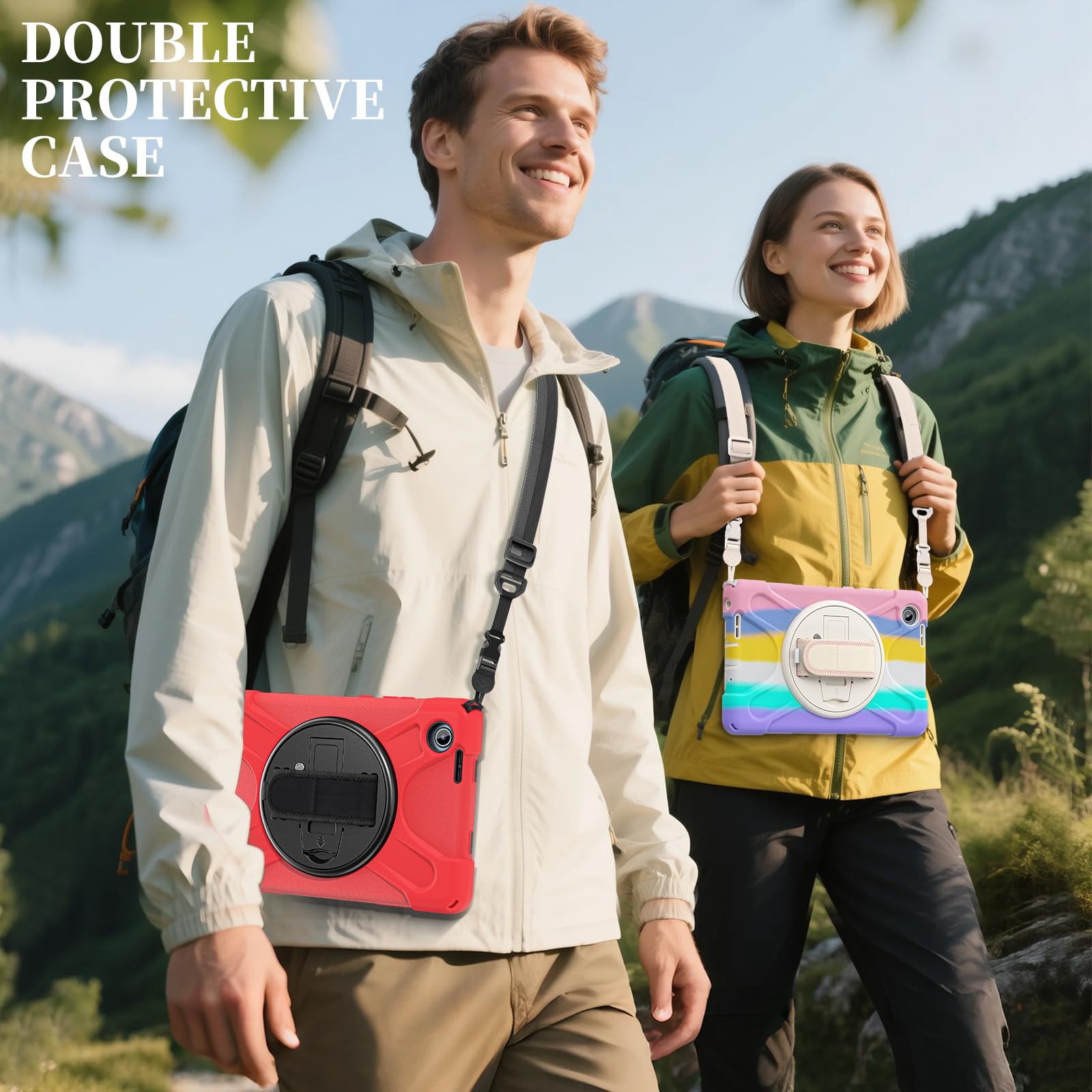 Compatibile con Lenovo Tab One 8.7"/K9 TB305FU (2025), custodia protettiva antiurto di grado militare con supporto da polso e tracolla a prova di caduta con cavalletto girevole (rosa)