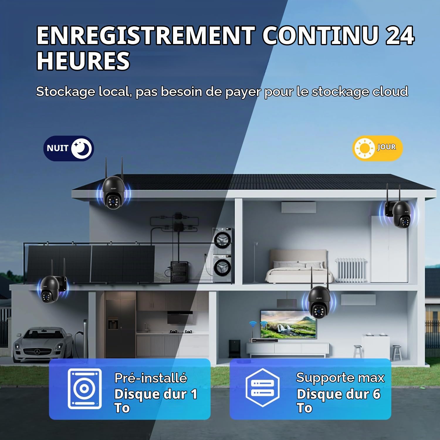 REIGY 8MP Kit Camera Surveillance WiFi Exterieure avec 1TB Disque Dur, 4K Système Videosurveillance 16CH NVR + 4X Camera 360°(3840*2160p), Audio Bidirectionnel Vision Nocturne Colorée IP66 Imperméable