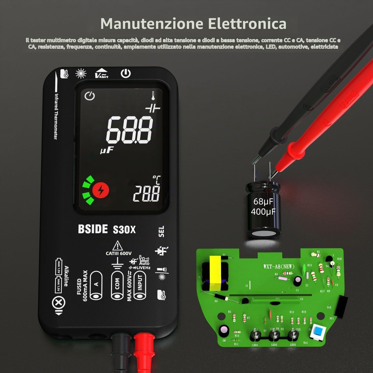 BSIDE Kit Multimetro Digitale Intelligente e Rilevatore di Tensione Senza Contatto S30X+X1 con Clip a Coccodrillo Tester di Tensione Corrente Capacità Ohm Continuità Temperatura e Luci LED Cercafase