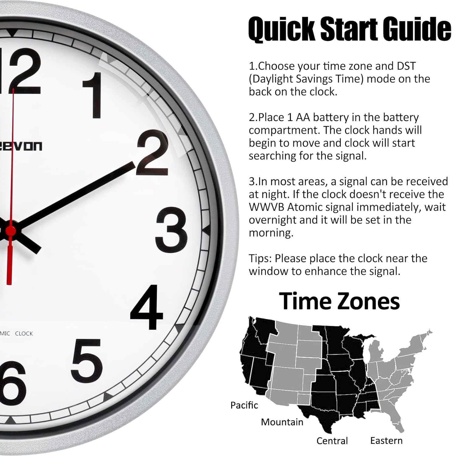 Geevon 14 Inch Atomic Wall Clock - Self-Setting Analog Clock with Automatic Time Sync - Battery Operated for Home Office School - Silver Frame