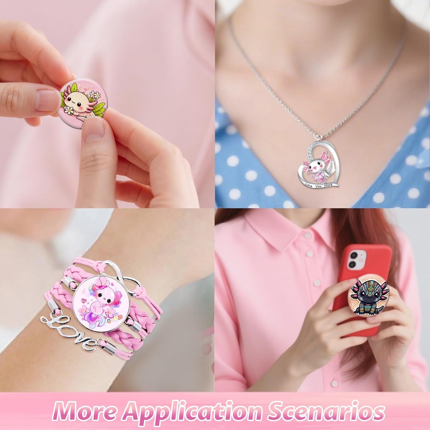 Axolotl Toy Gifts Ajolote Stuff Accessories: Drawstring Bag, Mini Figurines, Necklace, Bracelet, Coin Purse, Button Pin, Phone Holder, Lanyard, Keychain, Stickers for Axolotls Birthday Decorations - Image 4