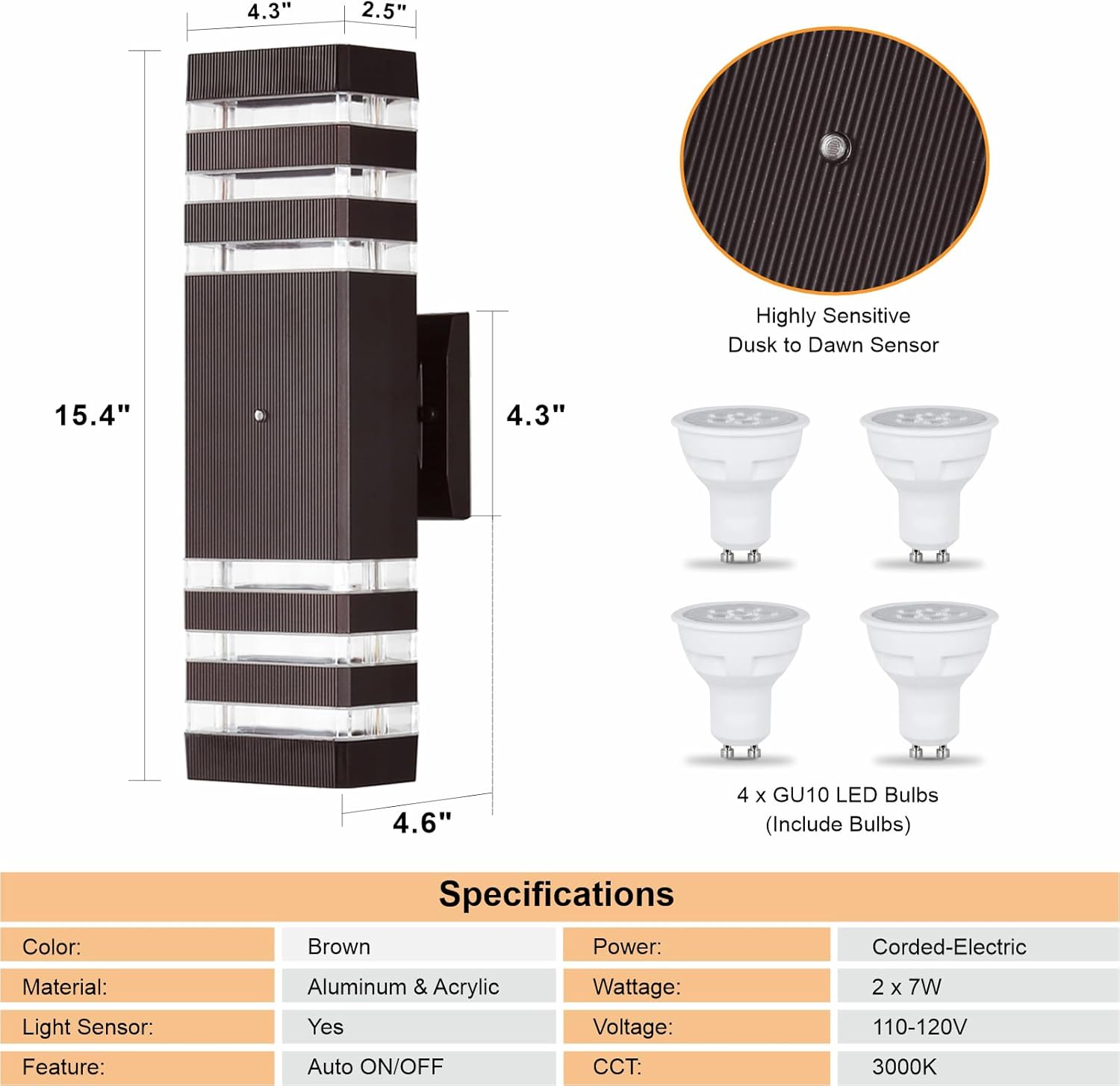 DASTOR 2 Pack Dusk to Dawn Outdoor Light Fixture, Modern Wall Lights Brown Exterior Sconce, 3000K Up and Down Porch Lights for House Garage Patio