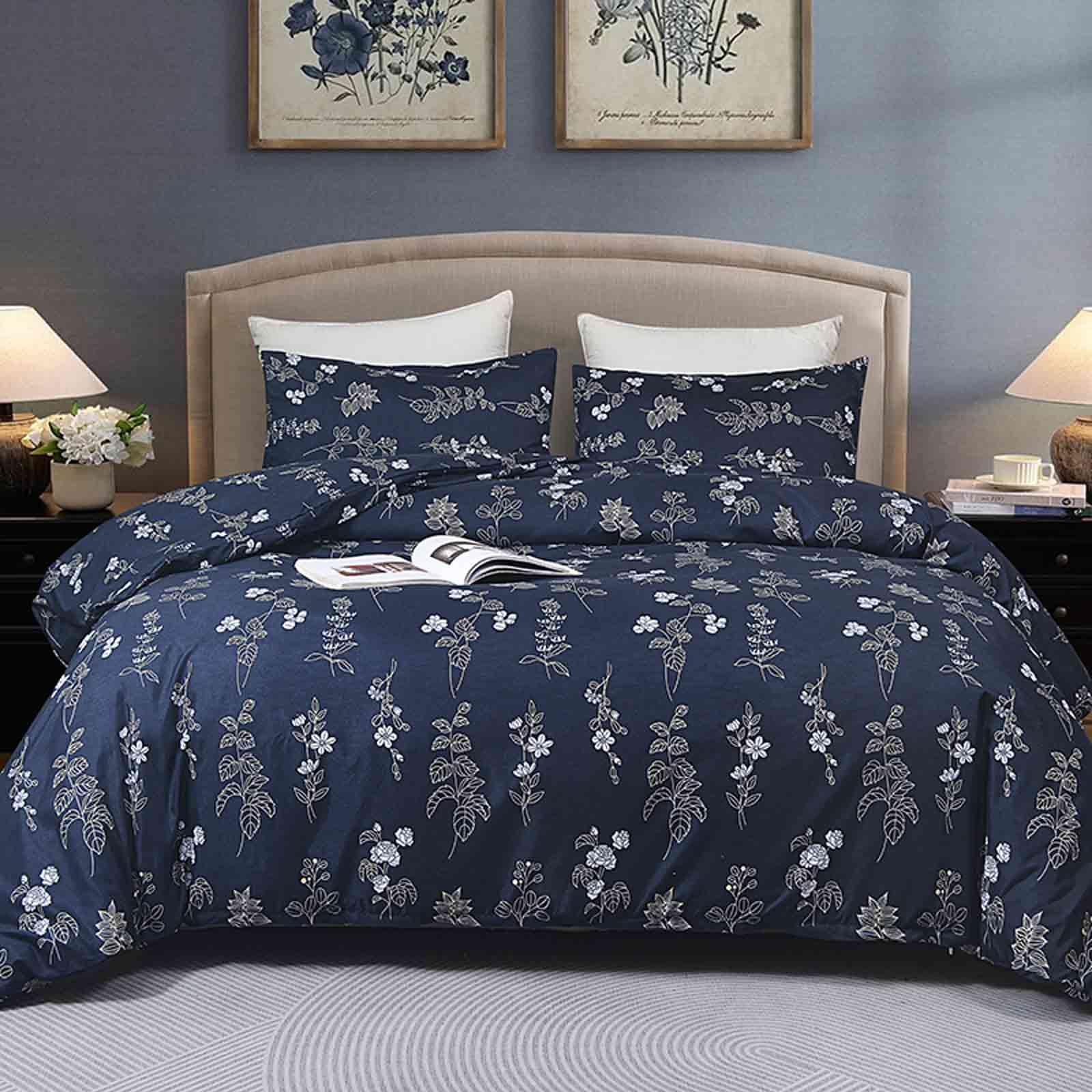 Queen Size Comforter Set, Navy Blue Floral White Flower Pattern Printed Reversible Alternative Bed Sets - Soft Microfiber Vintage Farmhouse Bedding in a Bag for Women Men, Dark Blue 90x90 3PCs